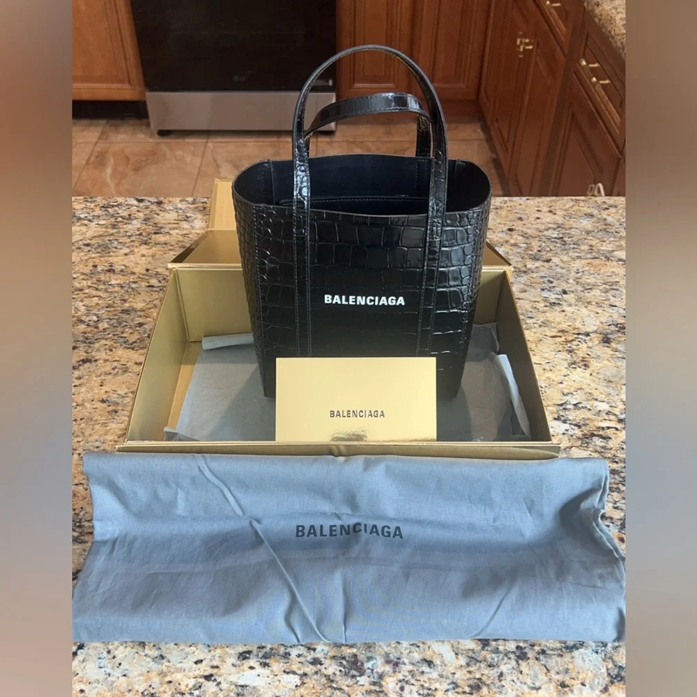Authentic Balenciaga XXS Shopping Tote Black Croc-Embossed Leather